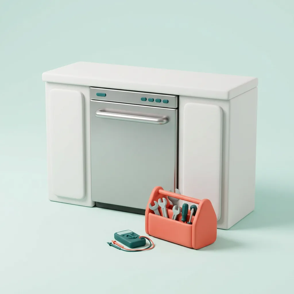 3D illustration of a built-in dishwasher with a repair tool bag