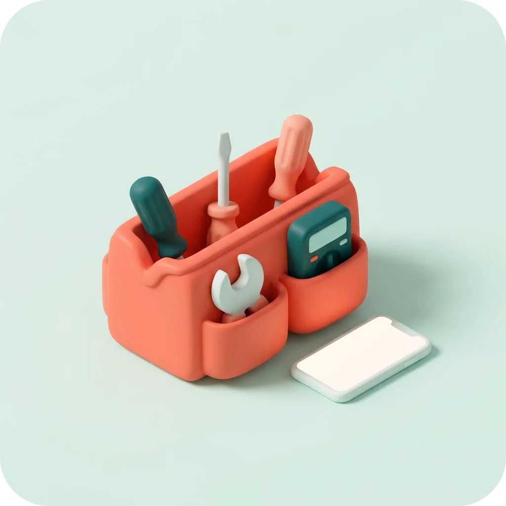 3D illustration of a technician tool bag and a phone on a mint background
