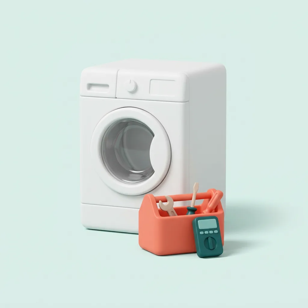 3D illustration of a front-load washing machine with a repair tool bag