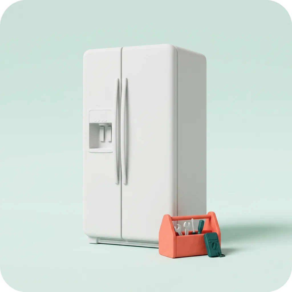 3D illustration of a side-by-side refrigerator with a repair tool bag