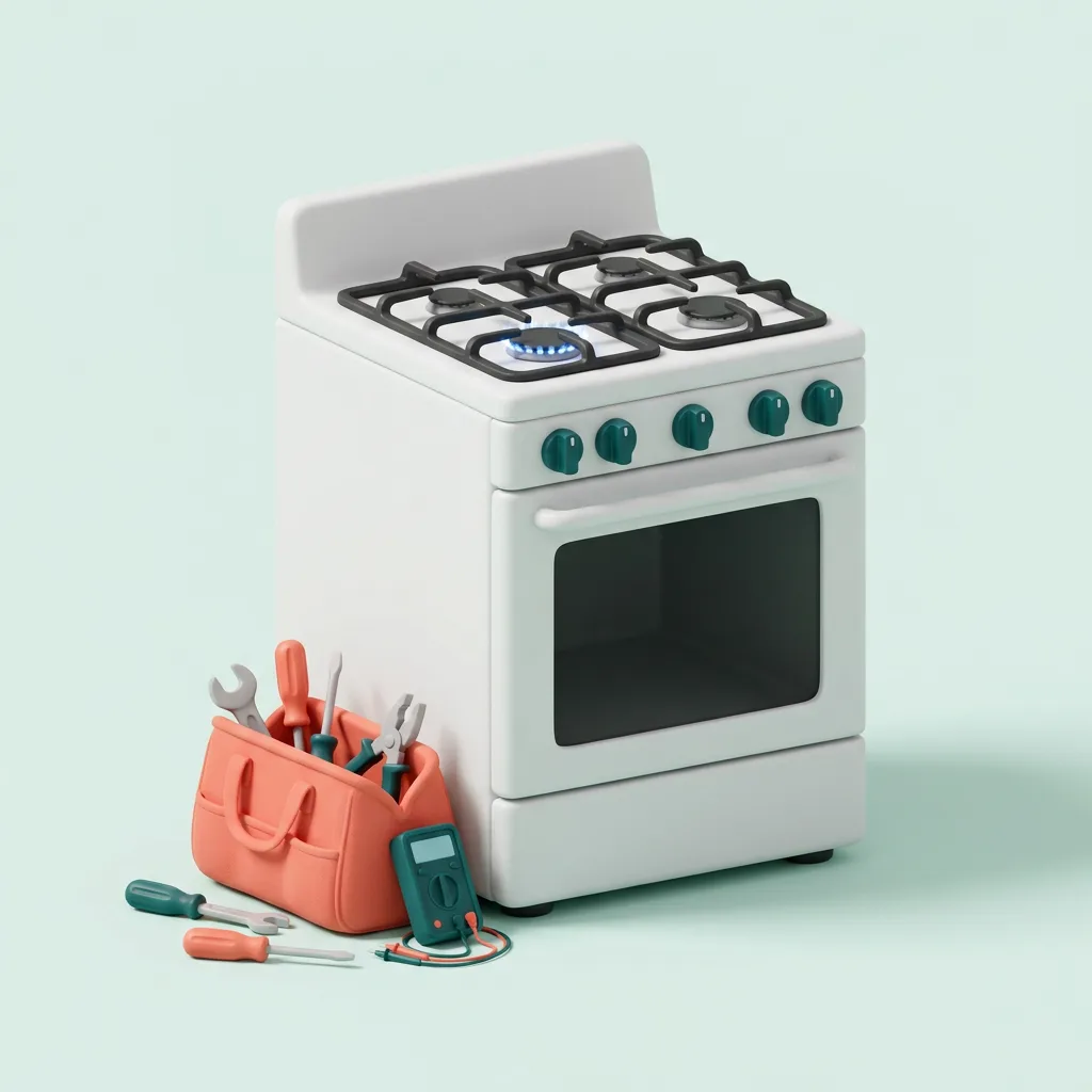 3D illustration of a gas cooktop range with a repair tool bag